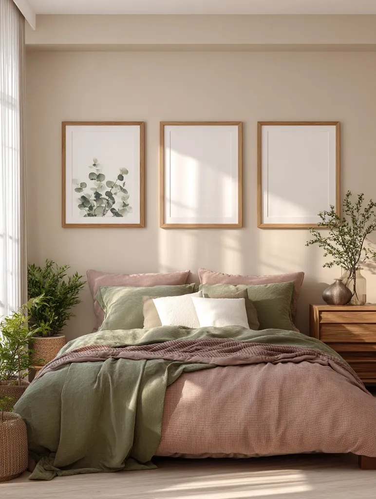 A serene bedroom features a blush pink and olive green linen duvet cover on a bed styled with linen pillows. Three wooden framed pictures hang above the bed, one featuring a eucalyptus print.  Potted plants and a wooden bedside table complete the calming, minimalist aesthetic of the room, bathed in natural sunlight.  The overall color palette is neutral and earthy.