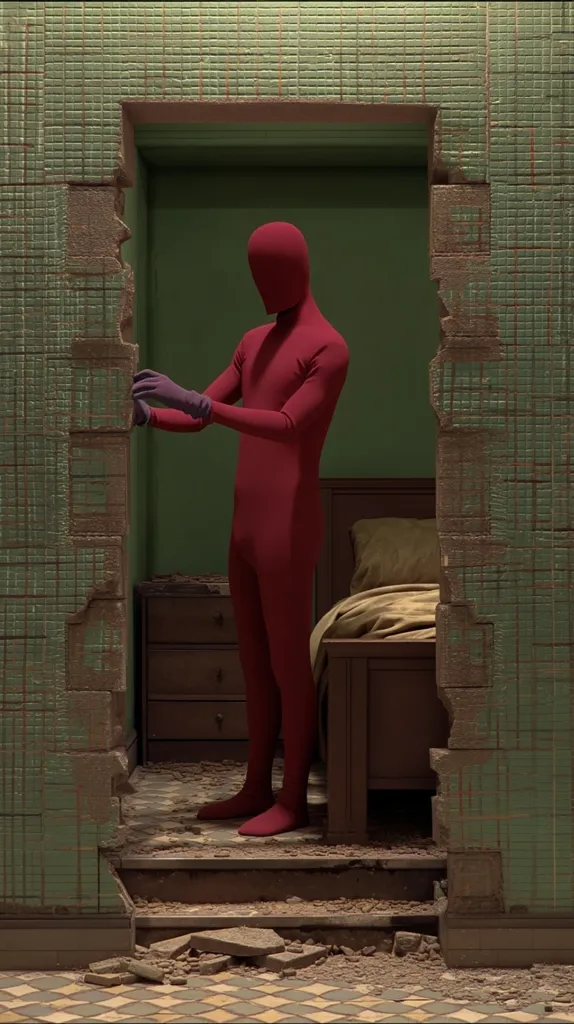 A figure in a crimson bodysuit stands in a doorway of a dilapidated room.  The walls are damaged, revealing crumbling green tiles. The figure wears purple gloves and appears to be interacting with the damaged wall. A bed and dresser are visible in the room's muted green interior. The scene is dimly lit, creating a surreal and slightly unsettling atmosphere.