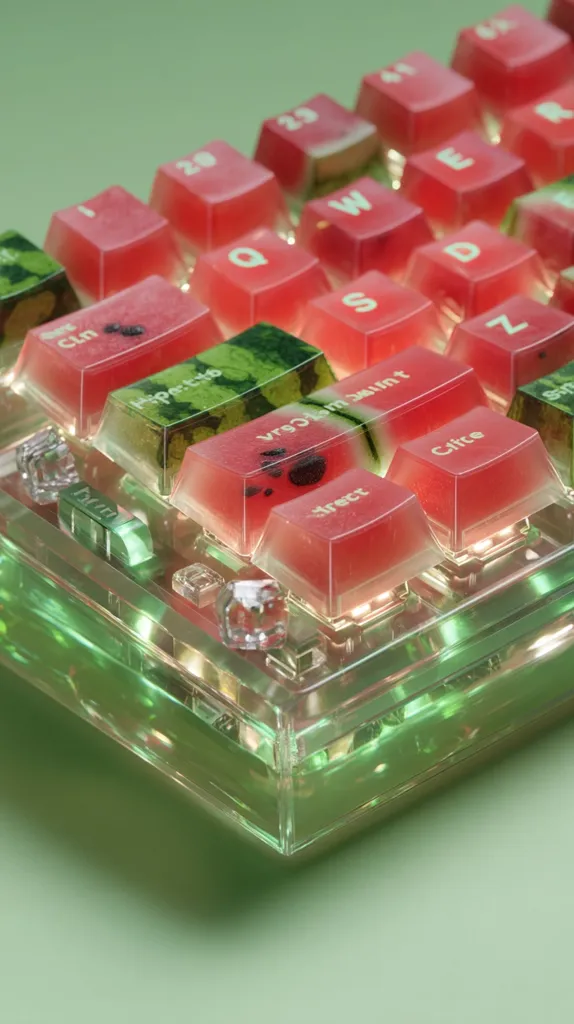 A close-up shot reveals a unique keyboard with translucent, watermelon-themed keycaps.  The keys are a pinkish-red, with some featuring green watermelon rind detailing.  The keyboard's casing is clear, allowing for visibility of internal components.  The overall aesthetic is vibrant and playful, suggestive of a custom-designed or artistic piece.