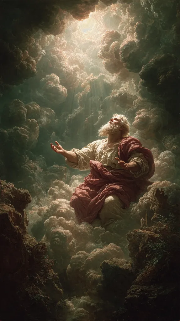 The painting depicts a bearded man, possibly a prophet or biblical figure, seated amidst swirling clouds, his arms outstretched towards a radiant light emanating from above.  He wears a flowing robe, and his expression is one of reverence or supplication. The dramatic lighting and atmospheric perspective create a sense of awe and the sublime, suggesting a spiritual or divine encounter. Dark, rocky outcrops frame the scene, grounding the ethereal figure in a tangible landscape.
