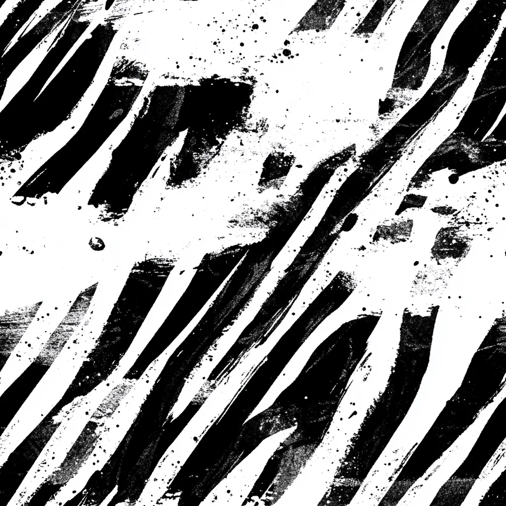 A black and white abstract image featuring bold, diagonal brushstrokes reminiscent of a zebra's stripes.  The strokes are uneven and textured, with visible paint splatters and a gritty, grungy effect. The contrast between black and white is stark, creating a high-impact visual. The pattern is seamless, repeating throughout the image.