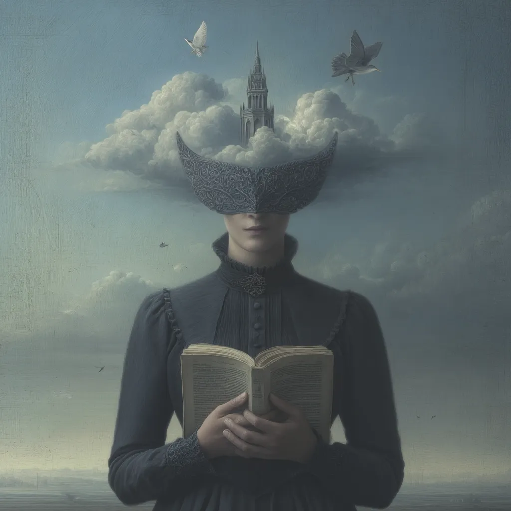 A woman in a dark dress, wearing an ornate, half-mask obscuring her eyes, holds an open book.  Above her, a cloud shaped like a mask holds a miniature, gothic-style tower. Small birds fly in the muted sky. The overall tone is surreal and dreamlike, suggesting introspection and hidden inner worlds accessed through literature and imagination.