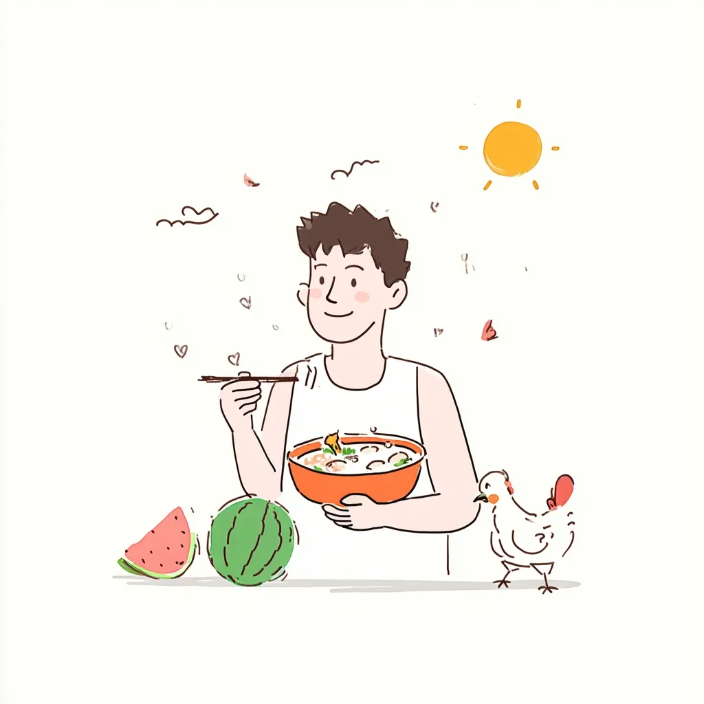 A smiling man enjoys a bowl of soup with chopsticks on a sunny day.  A watermelon slice and a whole watermelon sit beside him, and a chicken stands nearby.  The scene is lighthearted and illustrated in a simple, charming style with hearts floating in the air.  The overall impression is one of summery contentment and a simple meal.