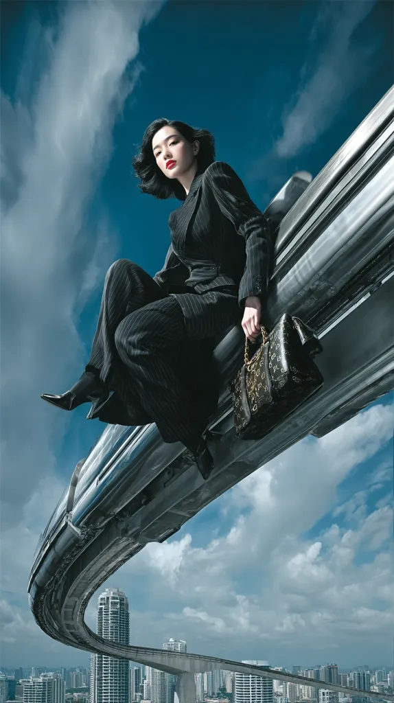 A stylish woman in a dark pinstripe suit sits perched atop a futuristic monorail track against a backdrop of a sprawling cityscape and a partly cloudy sky. She carries a designer handbag, her pose exuding confidence and sophistication.  The image blends fashion with urban architecture, creating a striking visual contrast.
