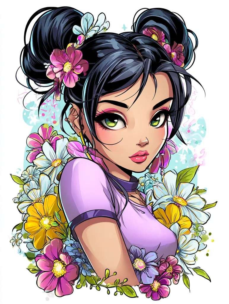 A vibrant illustration of a young woman with dark hair styled in two high buns adorned with pink flowers.  She has striking green eyes and wears a lavender short-sleeved shirt.  She is surrounded by a profusion of colorful flowers, creating a whimsical, almost fairytale-like atmosphere. The style is reminiscent of anime or manga, with bold lines and saturated colors.