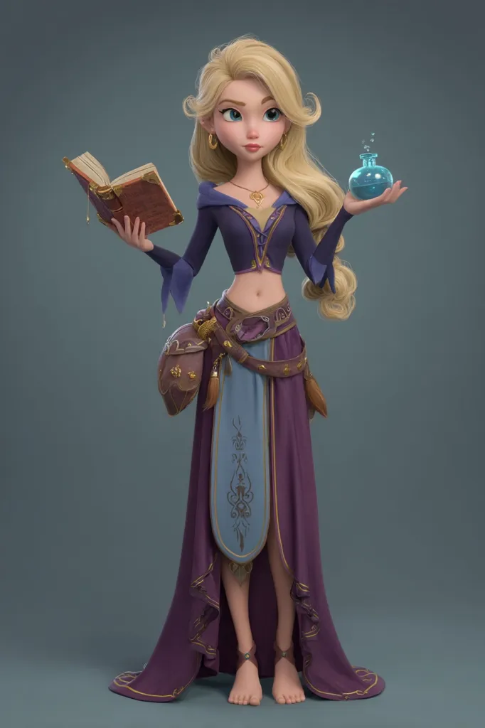 A 3D-rendered image depicts a young, fair-skinned sorceress. She has long blonde hair, and is dressed in a long purple robe with a blue underlayer and gold accents.  She holds an open book in one hand and a small, glowing blue vial in the other. Her expression is serious and thoughtful, suggesting a studious or magical nature. The style is reminiscent of fantasy animation or video game character design.
