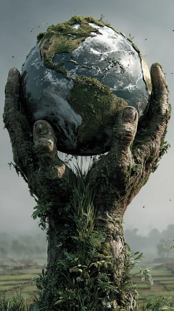 A colossal, moss-covered hand, resembling a weathered tree trunk, gently cradles a miniature Earth.  The planet's surface is detailed, showing oceans and continents, also covered in lush vegetation. The hand rises from a landscape of verdant fields and foliage, creating a powerful image of nature's enduring strength and the delicate balance of our world.