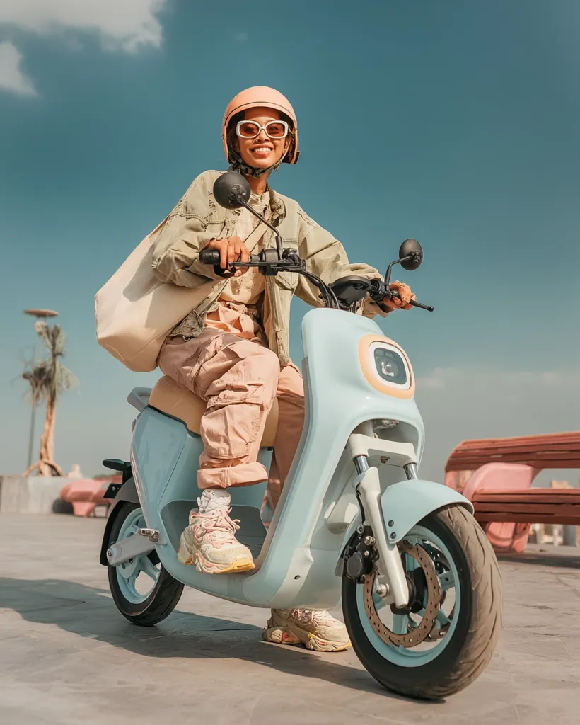 A young woman with a beaming smile sits on a pastel-blue electric scooter.  She wears a peach helmet, sunglasses, and stylish cargo pants, carrying a beige tote bag. The scooter is modern and sleek,  set against a sunny outdoor backdrop.  The overall aesthetic is cheerful and trendy, suggesting effortless urban mobility.