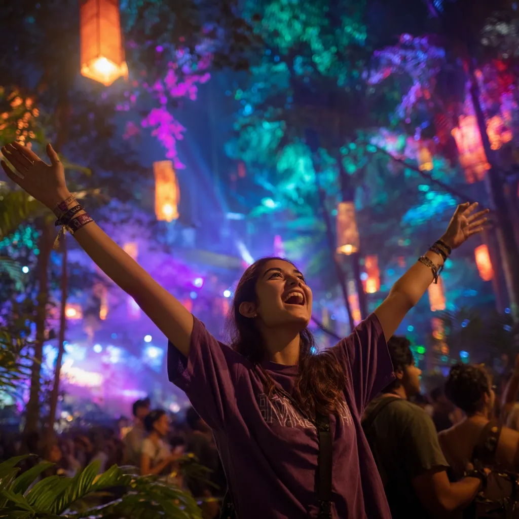 A young woman with arms outstretched joyfully embraces the vibrant atmosphere of a nighttime festival.  Colorful lights illuminate the scene, creating a magical ambiance amongst trees adorned with hanging lanterns.  The woman's expression radiates happiness, capturing the energy and excitement of the event.  Surrounding her, a crowd enjoys the lively spectacle.