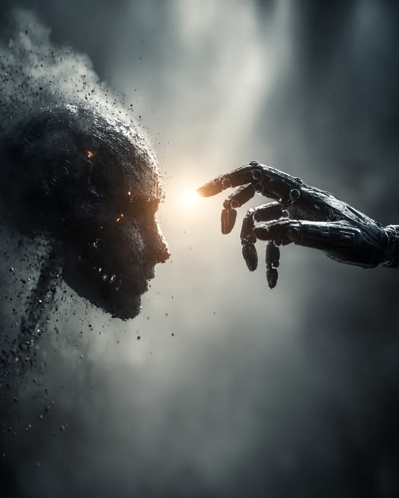 A robotic hand reaches out towards a decaying, humanoid figure.  The figure is disintegrating into dust and dark particles, a stark contrast to the metallic, precise hand.  A soft, warm light emanates from the point of contact, suggesting a transfer of energy or essence. The overall mood is one of mystery and potential transformation.