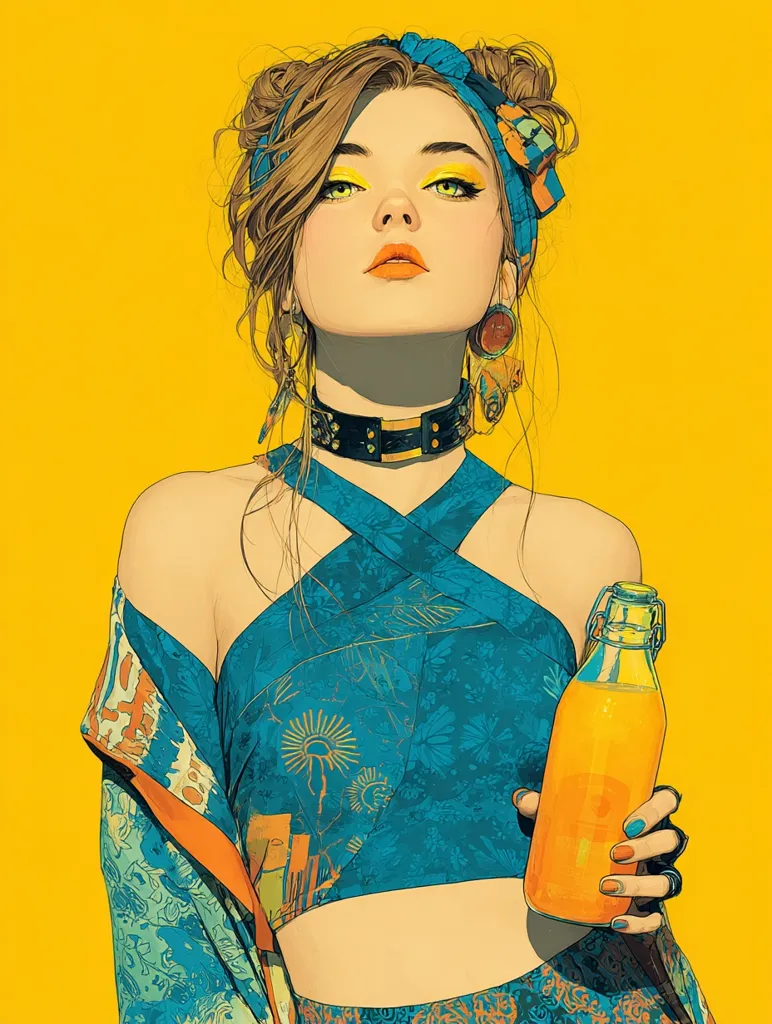 A stylized illustration of a young woman against a vibrant yellow background. She possesses striking yellow eyeshadow and orange lipstick, complemented by a teal and orange patterned top and a matching headscarf.  Her hair is styled in high buns.  She holds a bottle of orange juice, adding to the image's bold, colorful aesthetic. The overall style is modern and graphic.