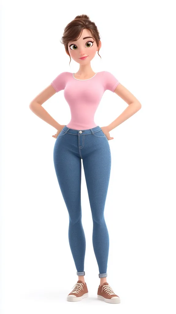 A 3D-rendered cartoon woman stands against a white background.  She has brown hair in a bun, large expressive eyes, and is wearing a light pink short-sleeved shirt and blue jeans. Her hands are on her hips, and she's wearing brown sneakers.  She has a friendly, approachable expression.