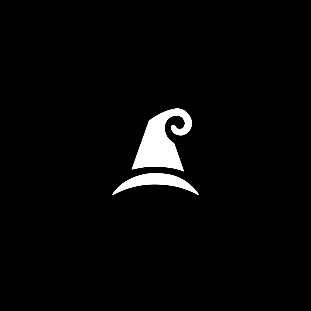 The image shows a minimalist white icon of a wizard's hat against a black background.  The hat is stylized with a simple, curved brim and a pointed crown featuring a swirling detail. The design is clean and easily recognizable as a symbol associated with magic and fantasy.