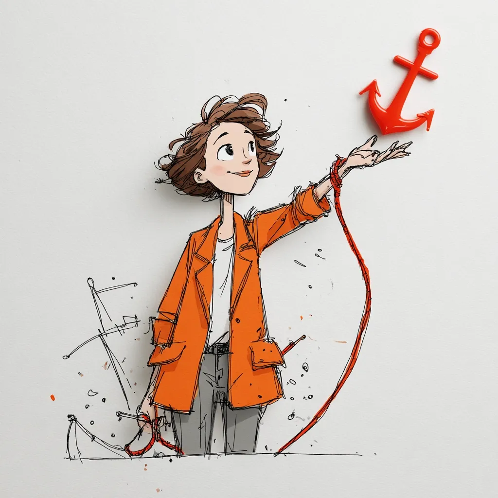 A whimsical illustration depicts a girl in an orange coat reaching for a red anchor suspended by a string.  Her expression is joyful and hopeful.  The style is sketchy and loose, with background elements suggesting a nautical theme. The overall feeling is one of optimism and a yearning for something beyond reach.