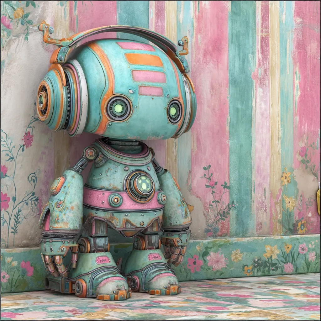 A charming, pastel-colored robot stands against a floral wallpapered wall.  The robot is teal and pink with rusty accents, giving it a vintage aesthetic. It wears large headphones and has expressive, glowing green eyes.  The scene is whimsical and evokes a sense of nostalgia, possibly a child's room or a fantasy setting. The detailed design highlights the robot's mechanical features, while the soft colors create a gentle mood.