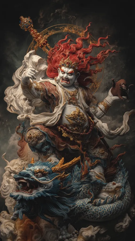 A dramatic, intricately detailed statue depicts a wrathful deity, possibly a Buddhist protector god.  Fiery red hair flows wildly around the figure, which sits atop a swirling, blue dragon.  The deity holds a staff and a small animal, showcasing ornate clothing and jewelry.  The dark background and dramatic lighting enhance the statue's powerful presence. The overall style blends elements of Asian mythology and artistic realism.