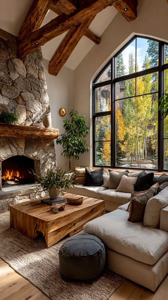 A rustic living room features a large stone fireplace with a wooden mantel, a substantial wooden coffee table, and a light beige sectional sofa.  The room boasts a dramatic arched window showcasing autumnal trees.  Exposed wooden beams create a high-ceilinged, cozy atmosphere, complemented by a jute rug and potted plants.  The overall style is relaxed and luxurious, blending natural textures and warm tones.
