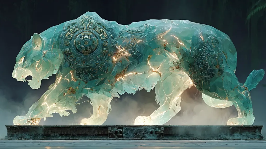 A majestic, translucent turquoise tiger statue stands on a dark stone pedestal.  The tiger's form is intricately carved with ancient-looking glyphs and symbols, some gold-accented.  Internal glowing lights illuminate the crystalline structure, creating an ethereal and mystical atmosphere.  The overall effect is one of powerful, ancient magic.