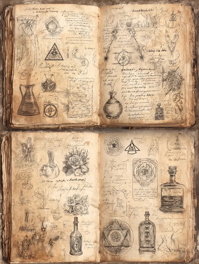 An open antique book displays pages filled with hand-drawn sketches and handwritten text.  The illustrations include alchemical symbols, geometric patterns, botanical drawings (roses and other flowers), and various bottles and jars, suggesting a grimoire or journal of magical or alchemical experiments. The aged, parchment-like paper and archaic script enhance the mystical ambiance.  The detailed drawings and intricate symbols create a sense of mystery and ancient knowledge.