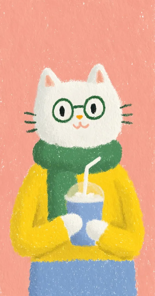 A charming illustration depicts a white cat wearing round glasses, a green scarf, and a yellow sweater.  The cat holds a blue cup with a straw, appearing content and warm. The pastel color palette and textured style create a soft, whimsical aesthetic against a peach background. The overall impression is one of cozy comfort and gentle sweetness.