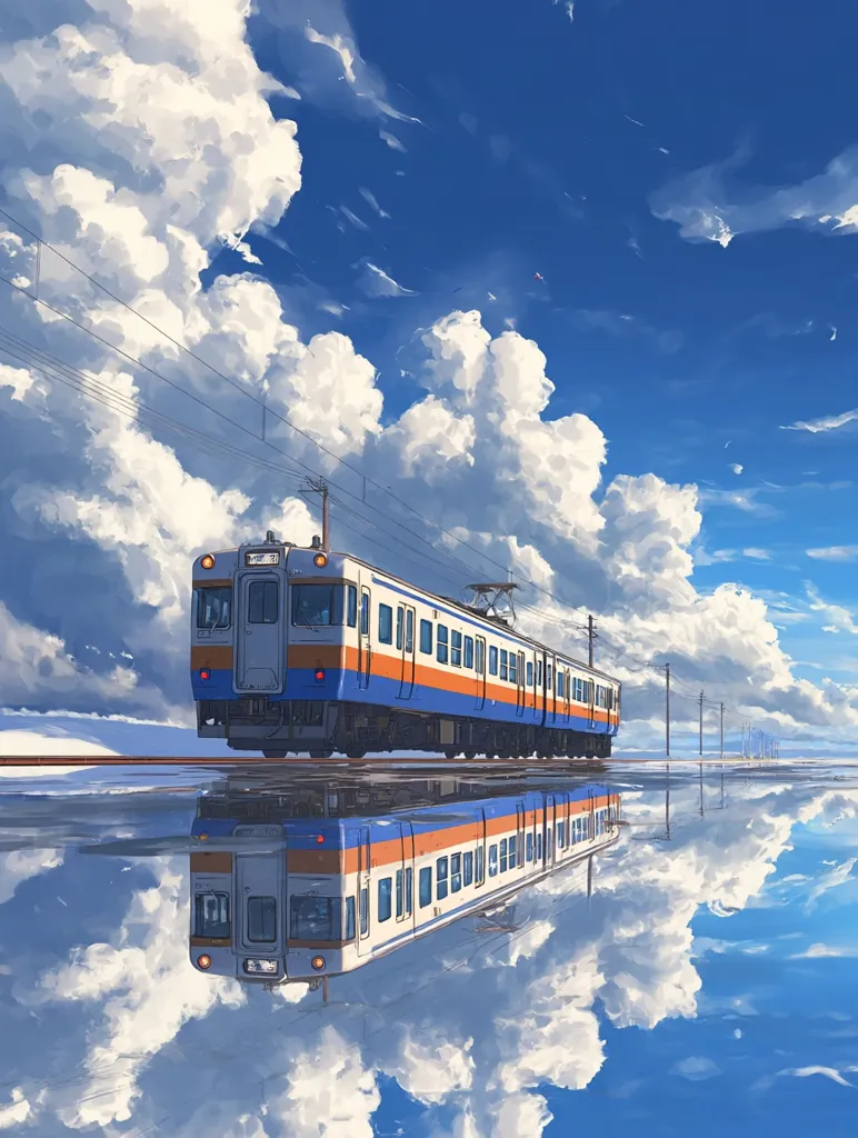 A long train, predominantly white with orange and blue stripes, travels across a flat landscape under a vibrant blue sky filled with fluffy white clouds. The scene is reflected perfectly in a still body of water below, creating a mirrored image of the train and sky.  Power lines stretch alongside the tracks, disappearing into the distance. The overall style is reminiscent of anime or digital art.