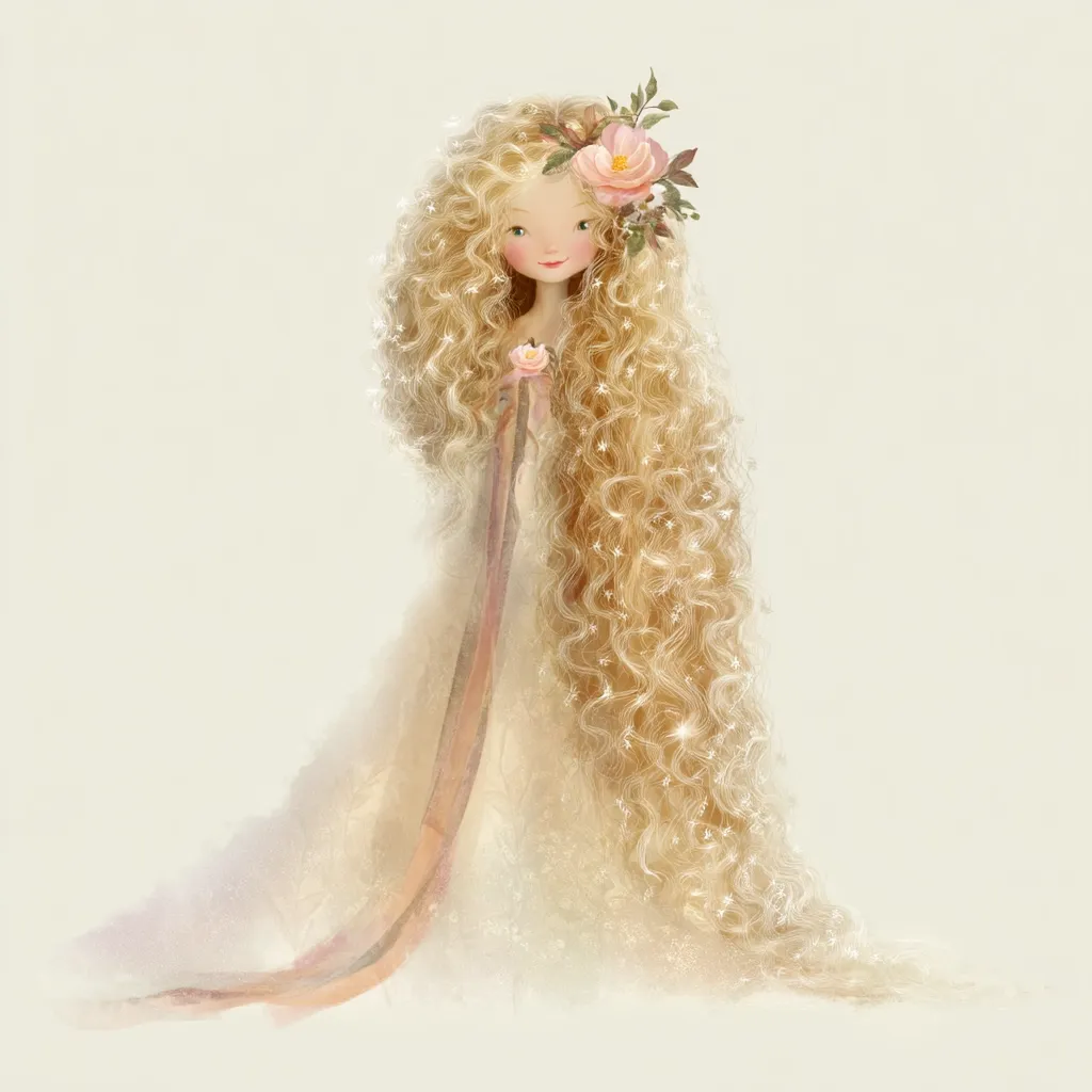 A whimsical illustration of a young girl with extraordinarily long, blond, curly hair that cascades down to the ground like a shimmering waterfall.  She wears a flowing, light-colored dress and a floral crown.  The overall style is dreamy and ethereal, with a soft color palette and a delicate, almost watercolor-like texture.  She holds a small pink flower.