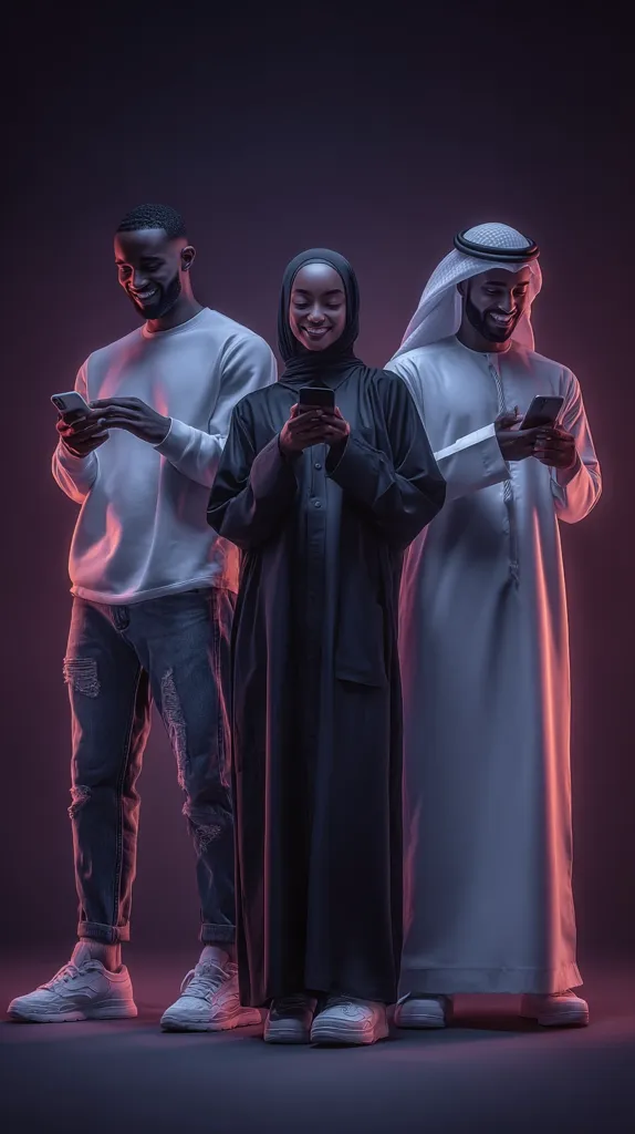 Three individuals, a Black man in jeans and a white sweatshirt, a woman in a black abaya and hijab, and a man in a white thobe, stand side-by-side against a dark purple backdrop.  Each person is using a smartphone, showcasing diverse cultural attire and modern technology use. The image is lit with dramatic, purplish lighting, creating a striking visual effect.