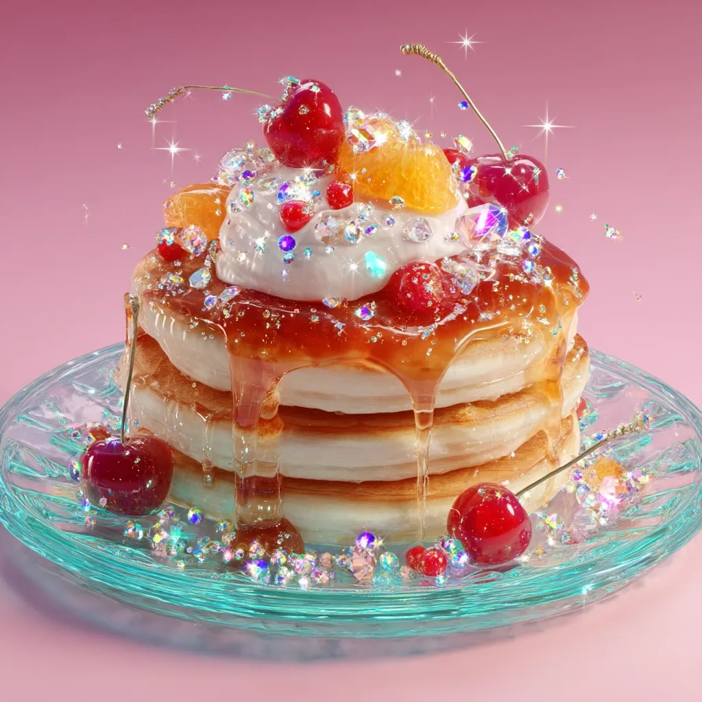 A delectable stack of pancakes, drizzled with syrup, is adorned with fresh cherries, orange slices, and a generous dollop of whipped cream.  Sparkling crystals add a touch of glamour, creating a vibrant and whimsical dessert presentation on a light teal glass plate. The pink background enhances the overall playful and sweet aesthetic.