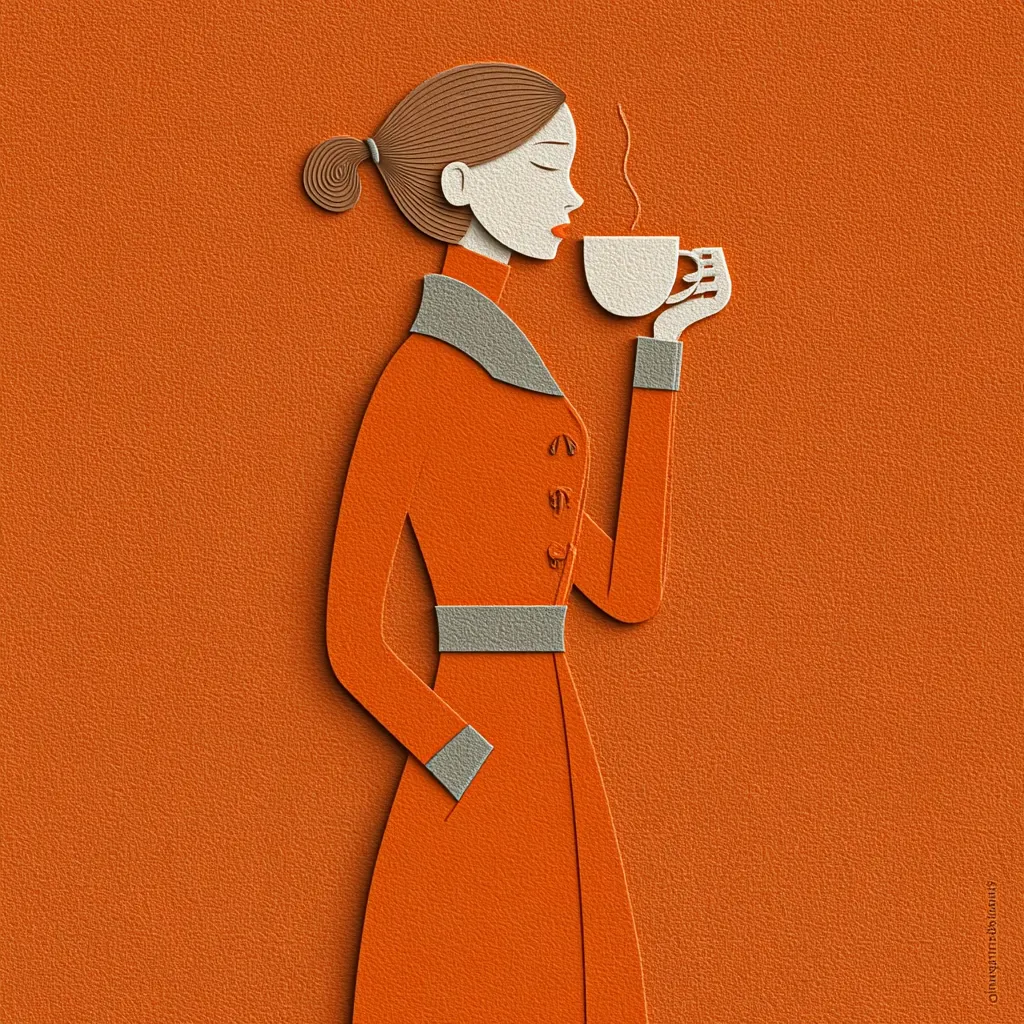 A stylized illustration depicts a woman in an orange coat, her hair pulled back in a bun.  She's depicted in profile, serenely enjoying a cup of coffee or tea. The image employs a paper-cut aesthetic, with a textured orange background contrasting the figure. The style is minimalist and evocative of mid-century modern design.  The overall mood is calm and peaceful.