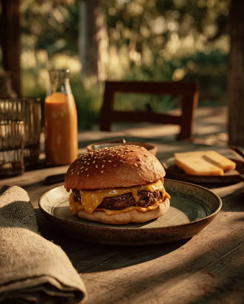 A juicy cheeseburger sits on a rustic plate, bathed in warm sunlight.  The sesame seed bun is slightly toasted, and melted cheese oozes down the sides of the patty.  A bottle of orange juice and slices of cheese are blurred in the background, suggesting an outdoor meal in a tranquil setting. The scene evokes a feeling of relaxed comfort and simple pleasures.