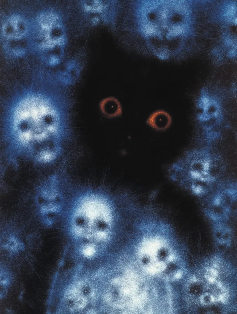 A black cat with glowing orange eyes is nestled amongst a multitude of ethereal, translucent faces.  The faces, hazy and indistinct, appear ghostly, creating a surreal and slightly unsettling atmosphere. The cat's intense gaze contrasts sharply with the soft, spectral figures surrounding it, forming a striking visual juxtaposition. The overall effect is mysterious and dreamlike.