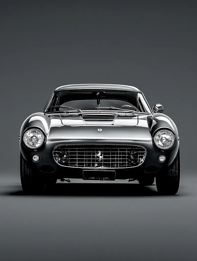 A classic dark grey Ferrari sports car is presented in a front view, sharply focused against a muted grey background. The image emphasizes the car's sleek lines, iconic grille, and powerful headlights.  The overall aesthetic is clean and sophisticated, highlighting the vehicle's timeless design and elegance. The car appears to be in pristine condition.