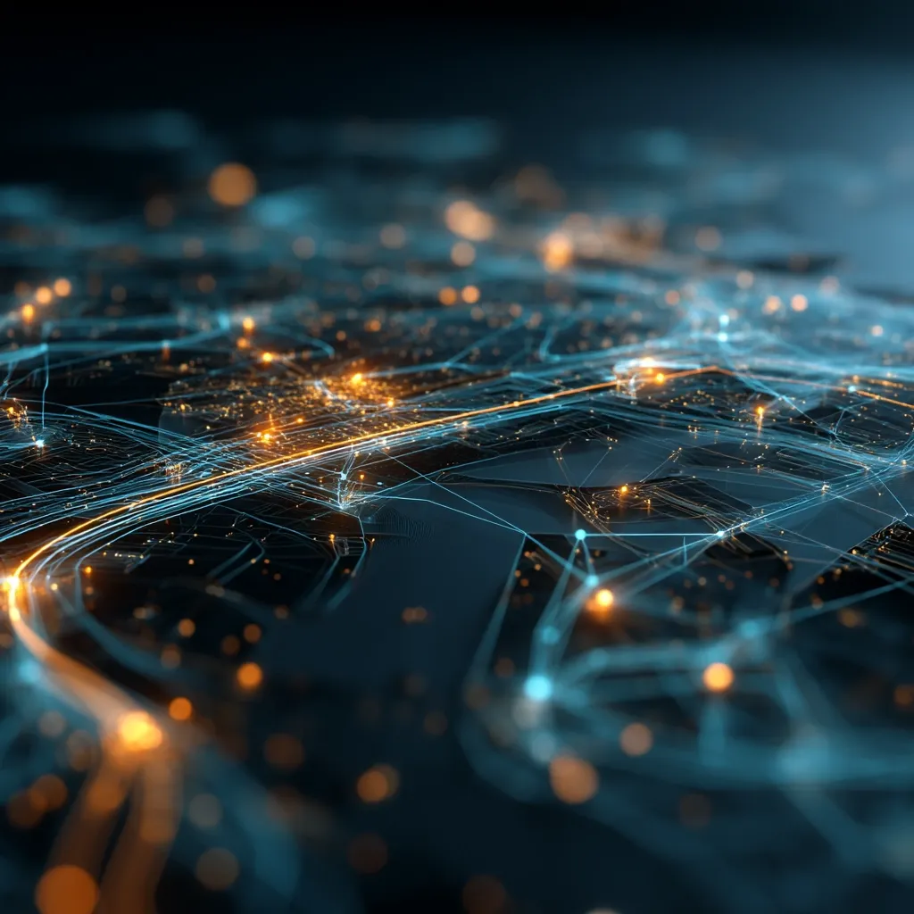 An abstract digital representation of a city's infrastructure.  Glowing nodes and lines depict a complex network, possibly representing data flow or interconnected systems.  The dark background emphasizes the intricate web of connections, suggesting a modern, technologically advanced urban landscape.  Orange and blue hues highlight the pathways and intersections within the network.