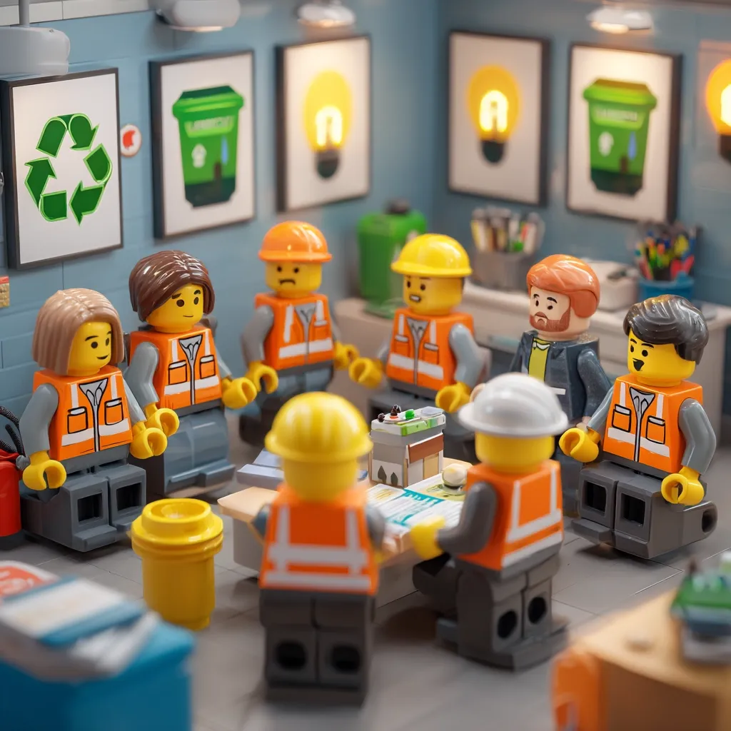 A group of Lego figures, mostly construction workers in orange vests and hard hats, are gathered around a table in a small office.  Wall art depicts recycling symbols and light bulbs, suggesting an eco-conscious workplace.  A Lego figure representing a manager or supervisor is also present. The scene is meticulously detailed, creating a charming and engaging miniature world.
