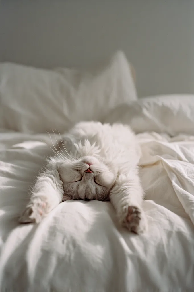 A fluffy white cat lies on its back on a bed of crisp white sheets, paws outstretched.  Its eyes are closed, and its expression is peaceful. The soft light illuminates the cat and the bedding, creating a serene and calming image.  The cat appears completely relaxed and content in its slumber.