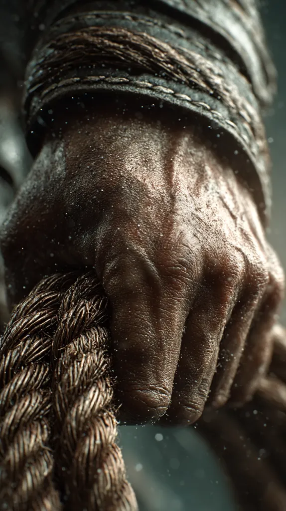 A close-up shot reveals a muscular hand, weathered and etched with the marks of time and labor, firmly gripping a thick, coarse rope.  The hand is adorned with a worn leather armband, its texture mirroring the roughness of the rope. Dust motes dance in the dimly lit air, enhancing the gritty, almost visceral feel of the image.  The focus is sharply on the hand and rope, creating a powerful and dramatic visual.