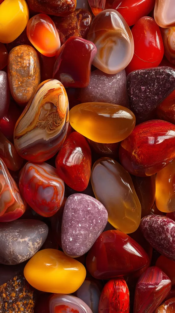 A close-up shot reveals a vibrant collection of tumbled stones in various shades of red, orange, and purple.  The smooth, polished surfaces of the stones reflect light, showcasing their rich colors and subtle patterns.  The stones are densely packed together, creating a visually appealing texture and a sense of abundance.  The image highlights the natural beauty and diversity of these semi-precious gems.