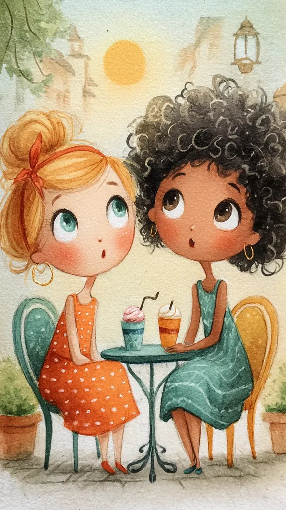 Two adorable girls, one with blonde hair in a bun and the other with dark curly hair, are seated at a small outdoor table.  They are dressed in summer dresses and sipping from iced drinks. The scene is sunny and cheerful, set against a backdrop of a quaint street with buildings and a lantern.  The watercolor style is soft and charming, emphasizing the girls' wide eyes and expressions of happy conversation.