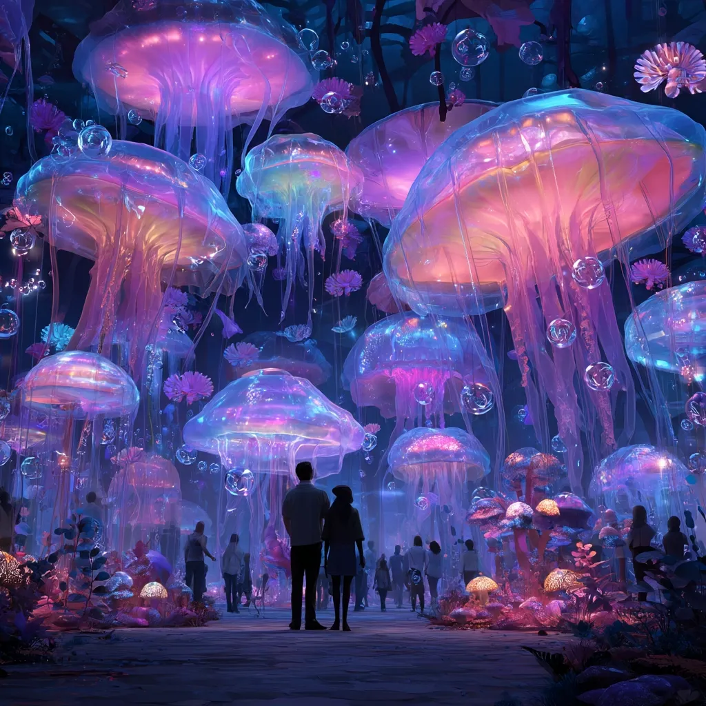 A breathtaking digital artwork depicts a surreal, bioluminescent forest.  Giant jellyfish, glowing in vibrant purples and pinks, hang overhead, their tentacles cascading downwards.  Floating bubbles and soft lighting create a magical atmosphere.  People stroll along a path amidst glowing flora, creating a captivating scene of fantasy and wonder. The overall effect is ethereal and dreamlike.