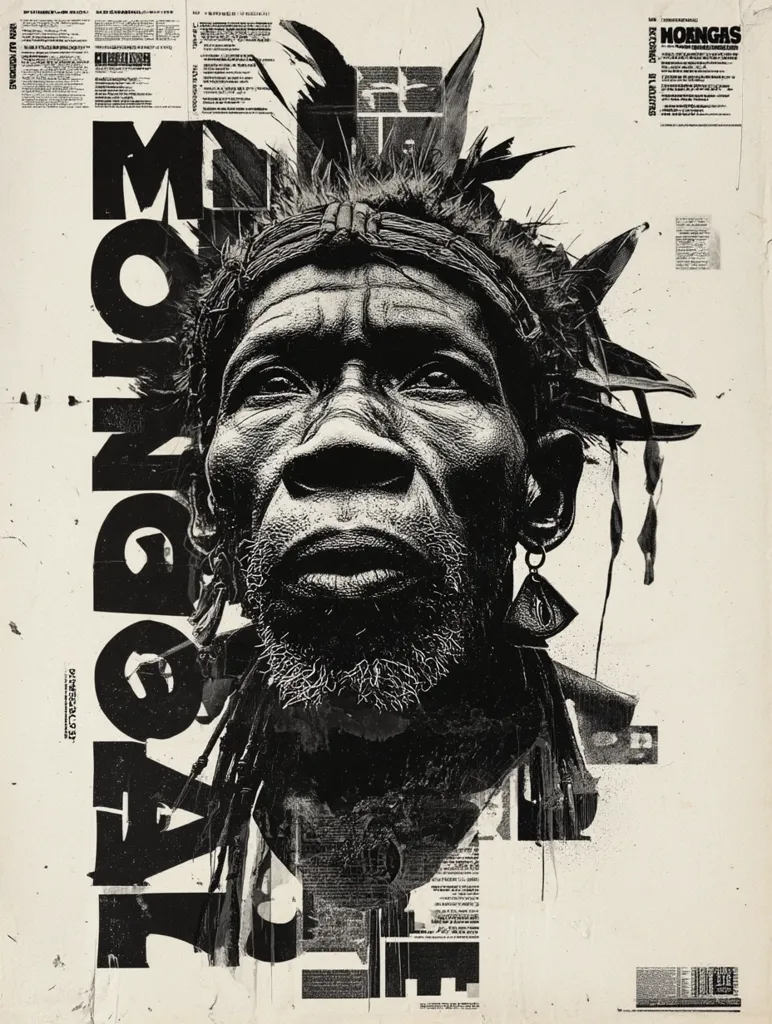 A striking black and white portrait of a Mongon man dominates the image.  His face is etched with age and character, framed by elaborate headwear and long hair.  The portrait is overlaid with fragmented newspaper text and graphic elements, creating a collage effect.  The overall style is bold and expressive, blending photorealistic detail with abstract design.  The word "MONGON" is prominently displayed, adding to the image's powerful visual impact.