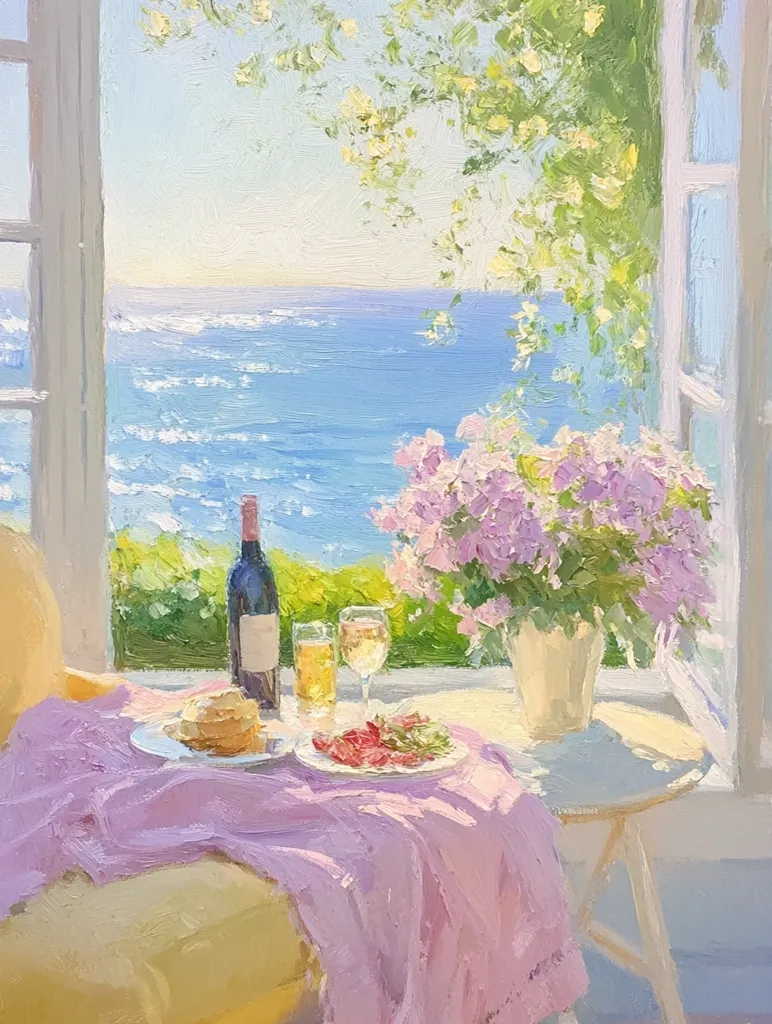A sunlit coastal scene is depicted through an open window, showcasing a tranquil ocean view.  A pastel pink tablecloth drapes over a small table set for two, featuring a bottle of wine, glasses, bread, and a plate of food.  A vibrant bouquet of purple flowers sits nearby, adding a touch of elegance to the idyllic seaside setting.  The overall impression is one of peaceful relaxation and summer serenity.