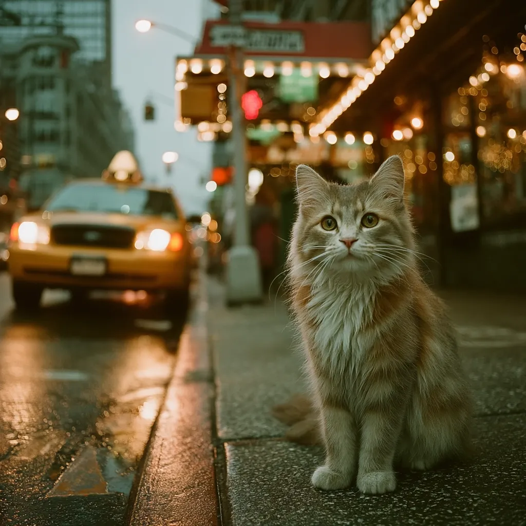 A fluffy gray and brown cat sits on a city sidewalk at night, looking directly at the camera.  A blurred yellow taxi cab is visible in the background, along with the lights of city buildings and shops.  The scene evokes a feeling of urban loneliness and quiet observation. The wet pavement reflects the streetlights, creating a shimmering effect.