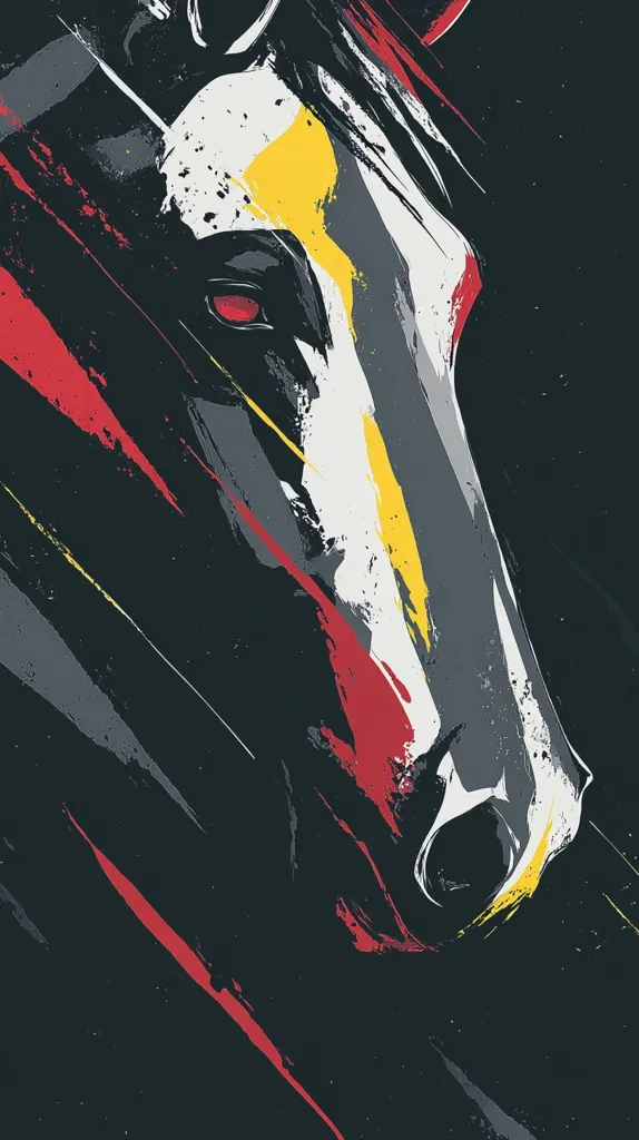 A stylized abstract portrait of a horse's head dominates the image.  Bold brushstrokes in red, yellow, white, and grey are layered over a dark background, creating a dynamic and energetic feel.  The horse's eye is intensely rendered, adding a sense of power and presence.  The overall style is modern and expressive, blending elements of abstract expressionism with a graphic design sensibility.
