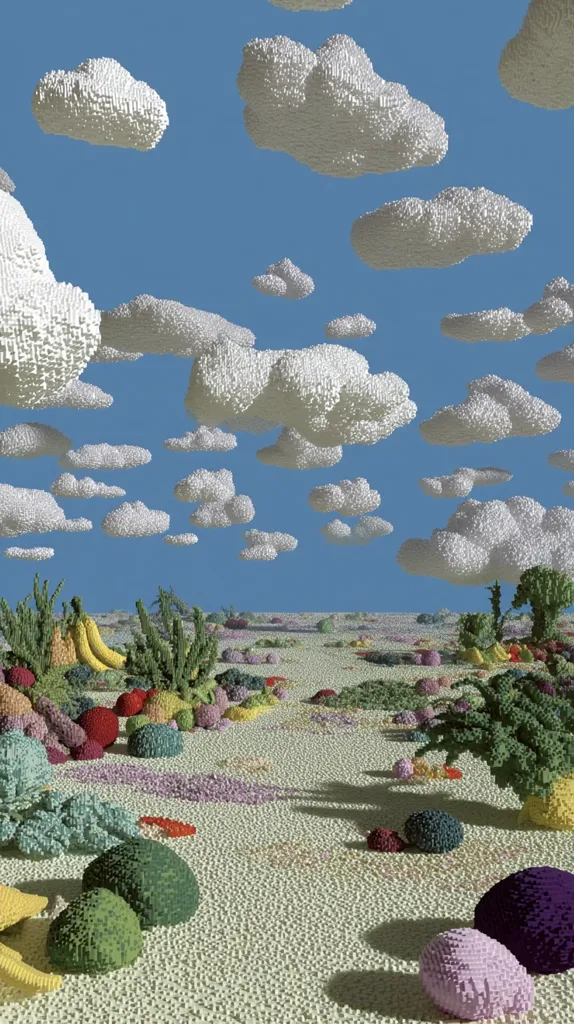 A surreal landscape under a sky filled with fluffy, block-like clouds. The ground is covered in a textured surface resembling small pebbles, interspersed with colorful, clustered objects resembling fruits and plants, all rendered in a pixelated style. The scene evokes a dreamlike atmosphere with its vibrant colors and unusual composition.  The overall effect is one of playful artificiality.
