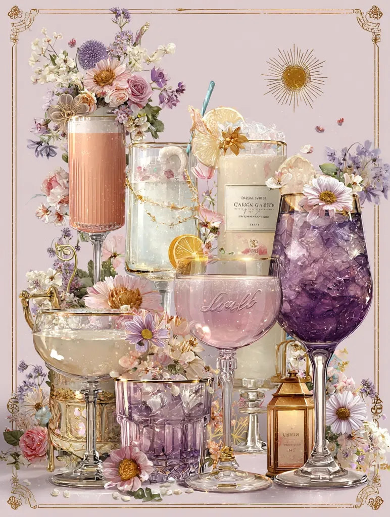 A whimsical illustration showcases an array of pastel-colored cocktails adorned with delicate flowers.  Champagne coupes, highball glasses, and a rocks glass filled with purple drinks are arranged artfully.  A perfume bottle adds to the elegant, feminine aesthetic, enhanced by a soft, light pink background. The scene evokes a feeling of sophisticated relaxation and springtime charm.