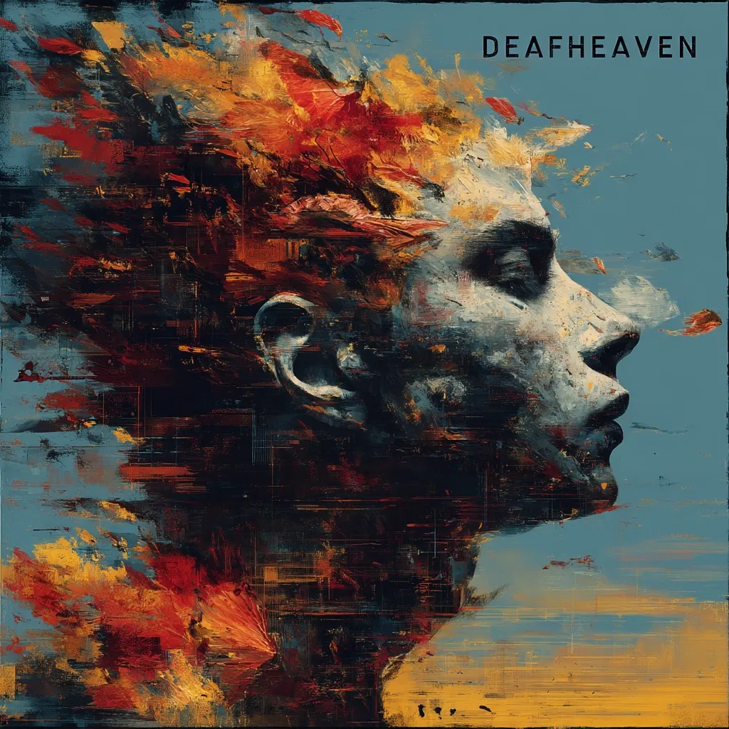 The album art for Deafheaven's untitled album is a striking portrait.  A stylized head and shoulders, painted in a highly textured impasto style, is depicted in profile against a muted blue sky.  Fiery, orange and red brushstrokes erupt from the head, suggesting flames or intense emotion. The overall effect is one of raw energy and melancholic beauty.