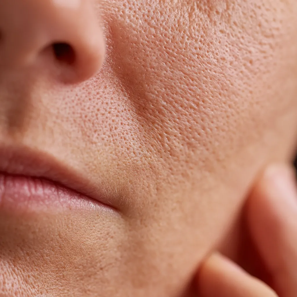 Close-up view of a person's face, focusing on the texture of the skin.  The image shows the pores and subtle lines, highlighting the natural skin surface.  The lower part of the nose, cheek, and mouth are visible, emphasizing the skin's uneven texture.  The overall tone is natural and unretouched.