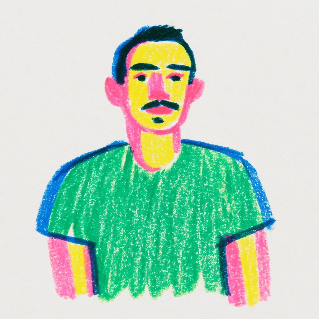 A stylized crayon drawing depicts a man with dark hair and a mustache.  His skin is yellow, his shirt is green, and his arms are rendered in pink and yellow. The style is bold and simplistic, using bright, contrasting colors. The man's expression is neutral, almost stoic. The overall effect is playful yet slightly quirky.