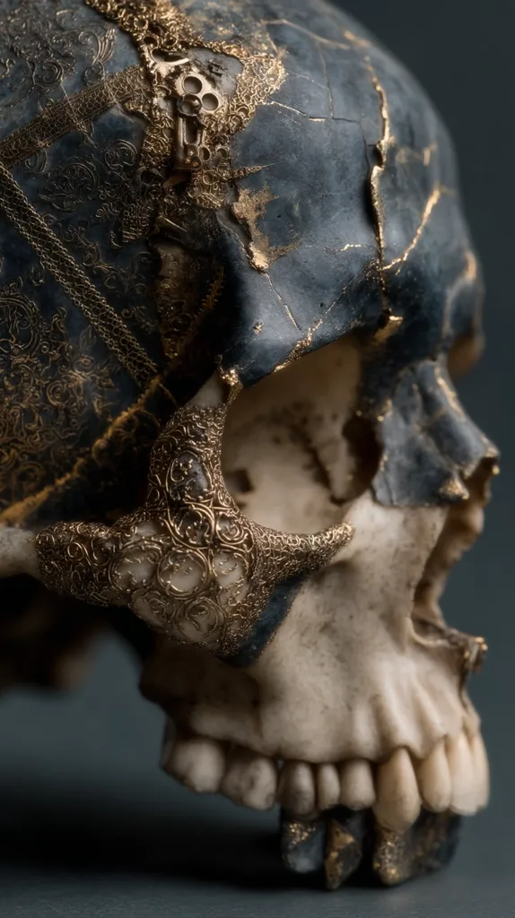 A detailed close-up reveals a human skull intricately adorned with gold filigree. The skull's surface appears aged and weathered, with cracks and crevices filled with gold leaf, creating a striking contrast between the skull's bone and the metallic embellishments. The goldwork is ornate, featuring swirling patterns and delicate details, adding a layer of artistry to the macabre subject.  The image's dark background accentuates the skull's details and the richness of the gold.