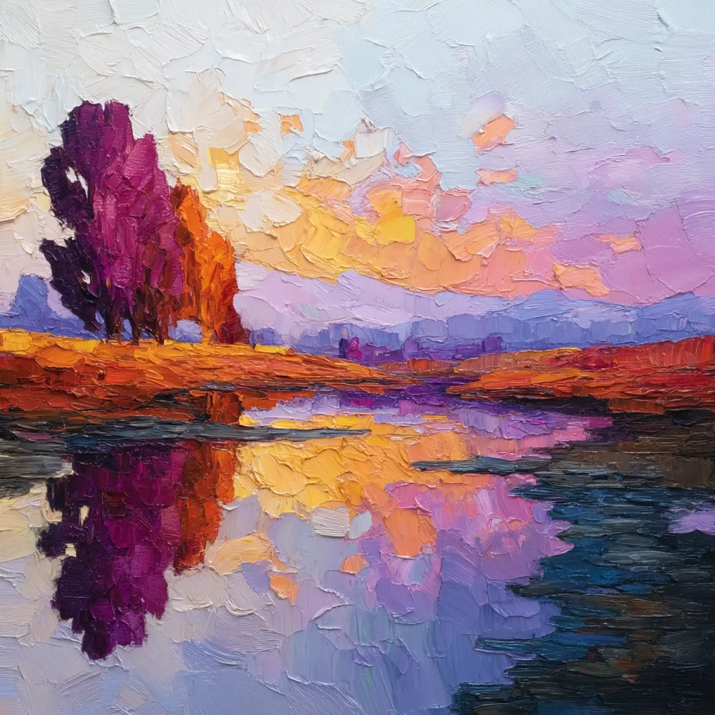 A vibrant impasto landscape painting depicts a calm river reflecting a sunset sky.  Purple and orange trees stand on the bank, their colors mirrored in the water.  The sky is a blend of pastel purples, oranges, and yellows, painted with thick, visible brushstrokes. The overall effect is one of serene beauty and autumnal warmth.